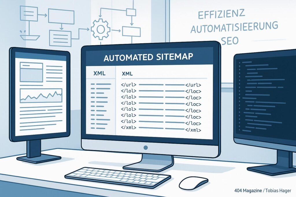 Schlanker, digitaler Arbeitsplatz mit Monitoren, die Sitemap-Software und Code-Analysen anzeigen, im Hintergrund Diagramme und Whiteboard mit Schlüsselbegriffen, in weißen und blauen Tönen gehalten. Credit: 404 Magazine (Tobias Hager).