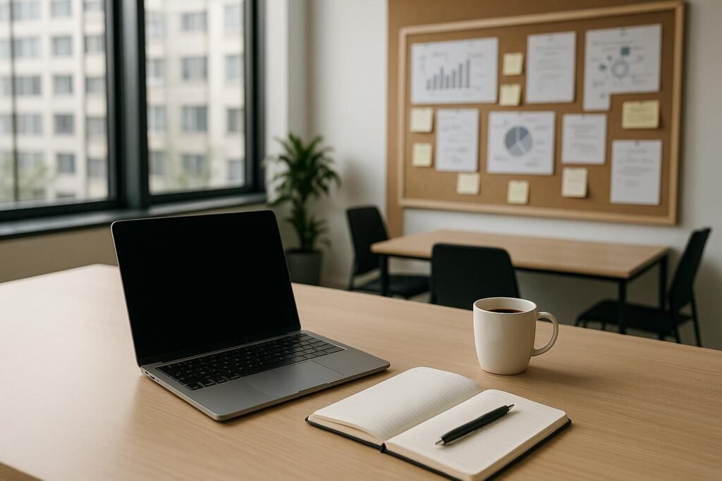 Modernes Büro mit Laptop, Notizbuch, Kaffeetasse und strategischer Pinnwand, großes Fenster lässt natürliches Licht hineinströmen, inspirierende Atmosphäre.