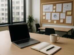Modernes Büro mit Laptop, Notizbuch, Kaffeetasse und strategischer Pinnwand, großes Fenster lässt natürliches Licht hineinströmen, inspirierende Atmosphäre.