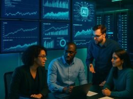 Modernes digitales Arbeitsumfeld mit Kontrollraum, Team an digitaler Analyse