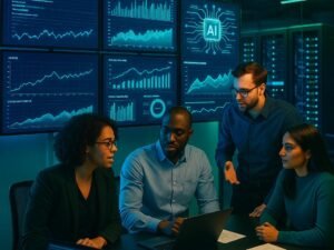 Modernes digitales Arbeitsumfeld mit Kontrollraum, Team an digitaler Analyse