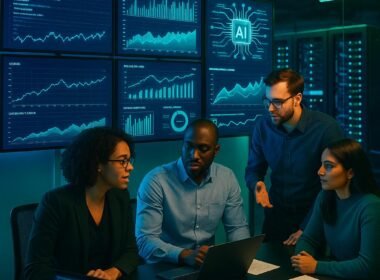 Modernes digitales Arbeitsumfeld mit Kontrollraum, Team an digitaler Analyse
