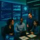 Modernes digitales Arbeitsumfeld mit Kontrollraum, Team an digitaler Analyse