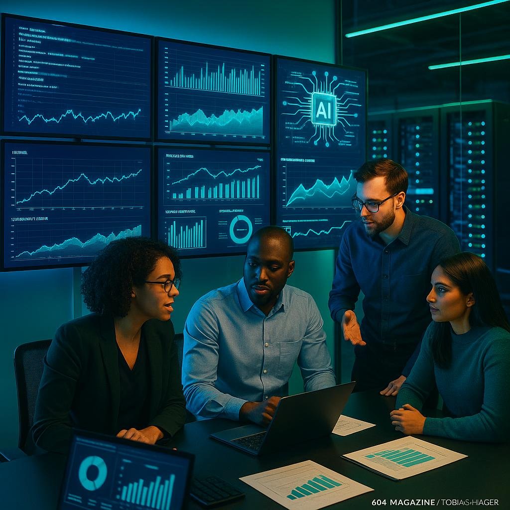 Modernes digitales Arbeitsumfeld mit Kontrollraum, Team an digitaler Analyse