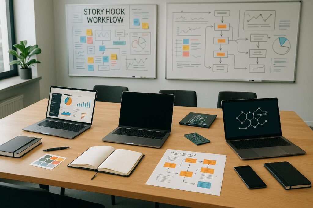 Modernes Büro mit Whiteboards, Laptops, Notizbüchern und Skizzen, die den Story Hook Workflow visualisieren. Enthält Strategiekarten, Leiterplatten und digitale Geräte. Hell beleuchteter, inspirierender Arbeitsraum.