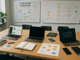 Modernes Büro mit Whiteboards, Laptops, Notizbüchern und Skizzen, die den Story Hook Workflow visualisieren. Enthält Strategiekarten, Leiterplatten und digitale Geräte. Hell beleuchteter, inspirierender Arbeitsraum.