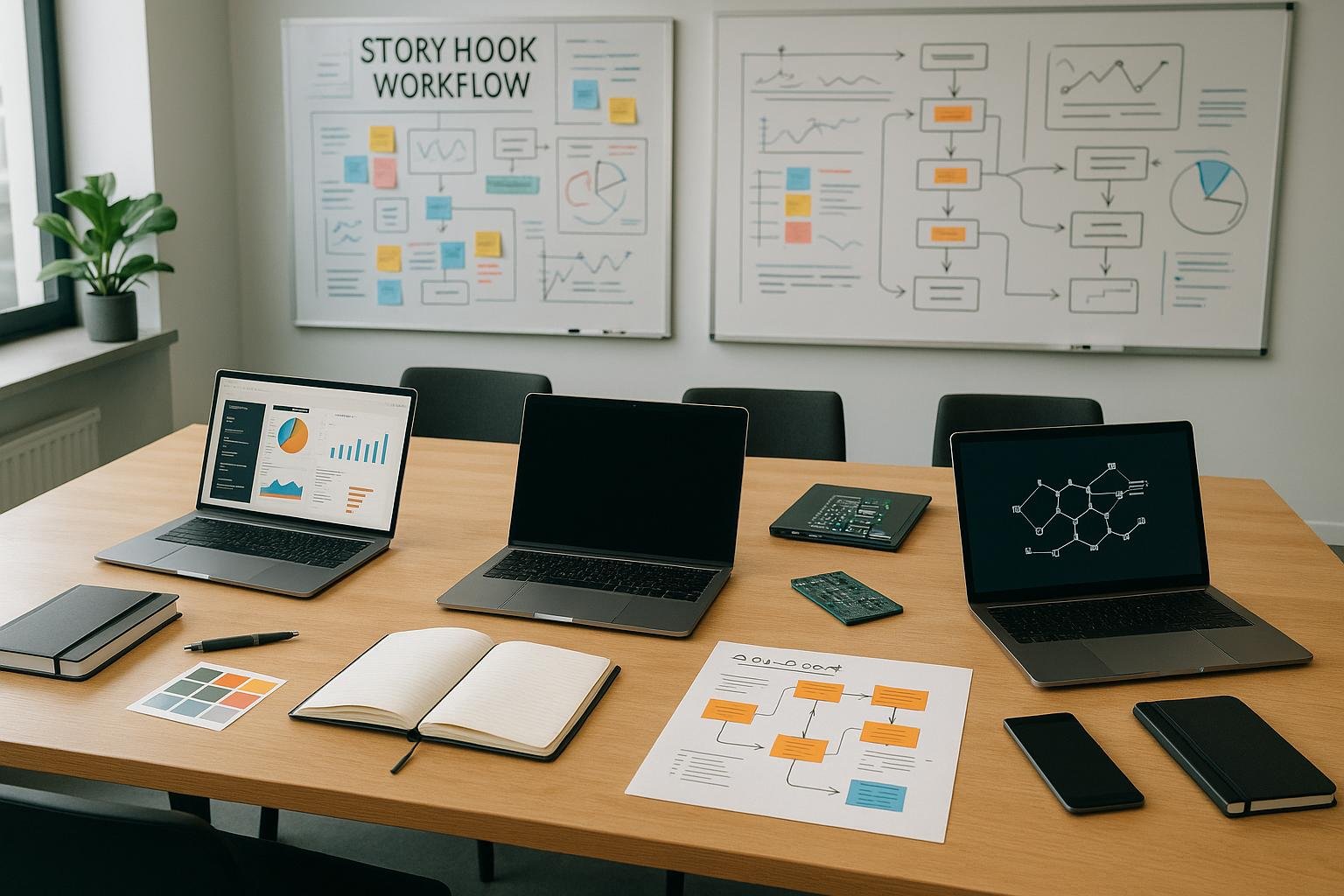 Modernes Büro mit Whiteboards, Laptops, Notizbüchern und Skizzen, die den Story Hook Workflow visualisieren. Enthält Strategiekarten, Leiterplatten und digitale Geräte. Hell beleuchteter, inspirierender Arbeitsraum.