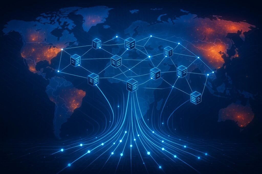 Grafische Darstellung eines global verteilten CDN-Netzwerks mit Edge-Server-Knoten, Netzwerkverbindungen und digitaler Infrastruktur vor pulsierender Weltkarte.