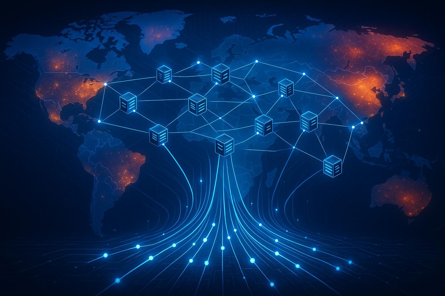 Grafische Darstellung eines global verteilten CDN-Netzwerks mit Edge-Server-Knoten, Netzwerkverbindungen und digitaler Infrastruktur vor pulsierender Weltkarte.