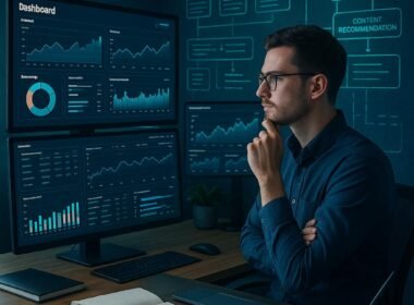 Moderner digitaler Arbeitsplatz mit mehreren Monitoren, Datenvisualisierungen, holografischen Overlays und einem Nutzer, der Daten analysiert, beleuchtet von kühlem blauen und grünen Licht, im Stil eines Hightech-Umfelds.