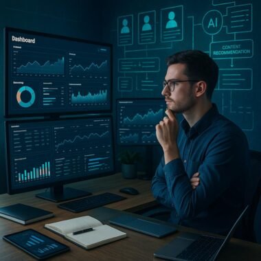 Moderner digitaler Arbeitsplatz mit mehreren Monitoren, Datenvisualisierungen, holografischen Overlays und einem Nutzer, der Daten analysiert, beleuchtet von kühlem blauen und grünen Licht, im Stil eines Hightech-Umfelds.