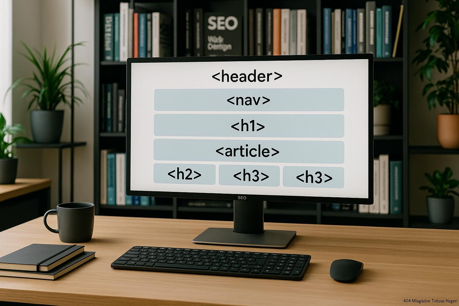 Modernes Büro mit großem Bildschirm, ergonomichem Arbeitsplatz, Bücherregalen und Pflanzen, Fokus auf SEO- und Webdesign-Strategien