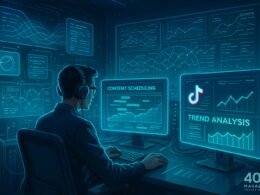 Futuristisches Büro mit Bildschirmen, Hologrammen, einem Technikexperten mit Kopfhörern und leuchtenden Blau- und Neontönen, symbolisiert technologische Innovationen.