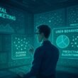 Futuristisches Digital-Marketing-Setup mit Kontrollraummonitoren, holographischer Projektion und KI-Diagrammen