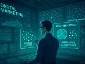 Futuristisches Digital-Marketing-Setup mit Kontrollraummonitoren, holographischer Projektion und KI-Diagrammen