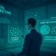Futuristisches Digital-Marketing-Setup mit Kontrollraummonitoren, holographischer Projektion und KI-Diagrammen