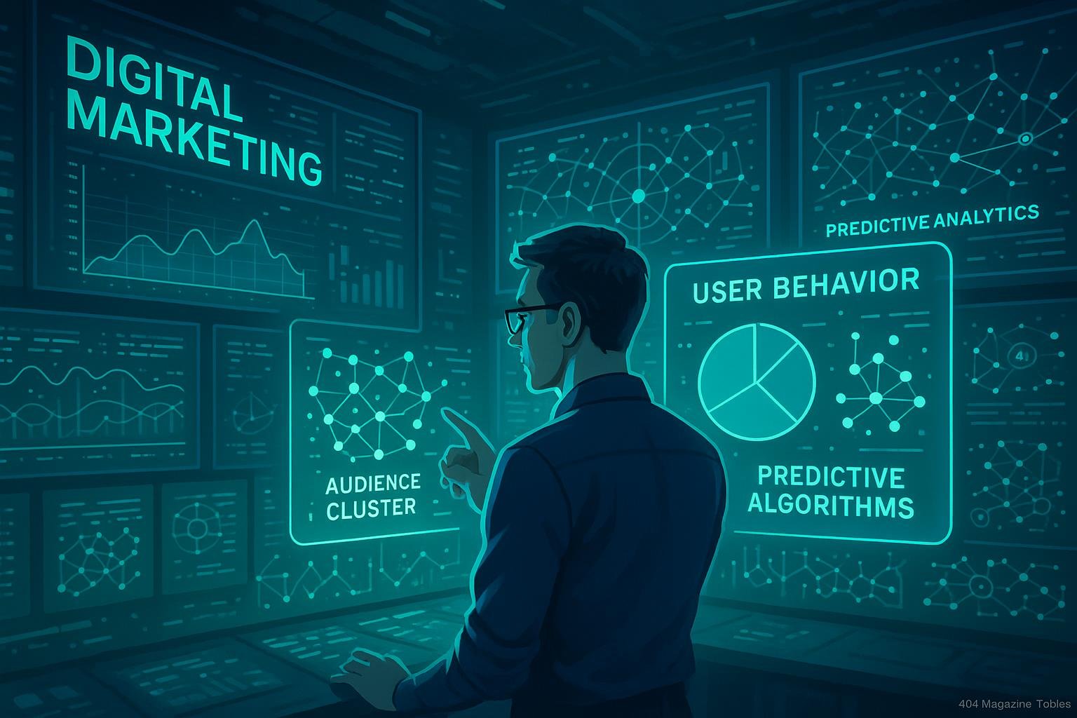 Futuristisches Digital-Marketing-Setup mit Kontrollraummonitoren, holographischer Projektion und KI-Diagrammen