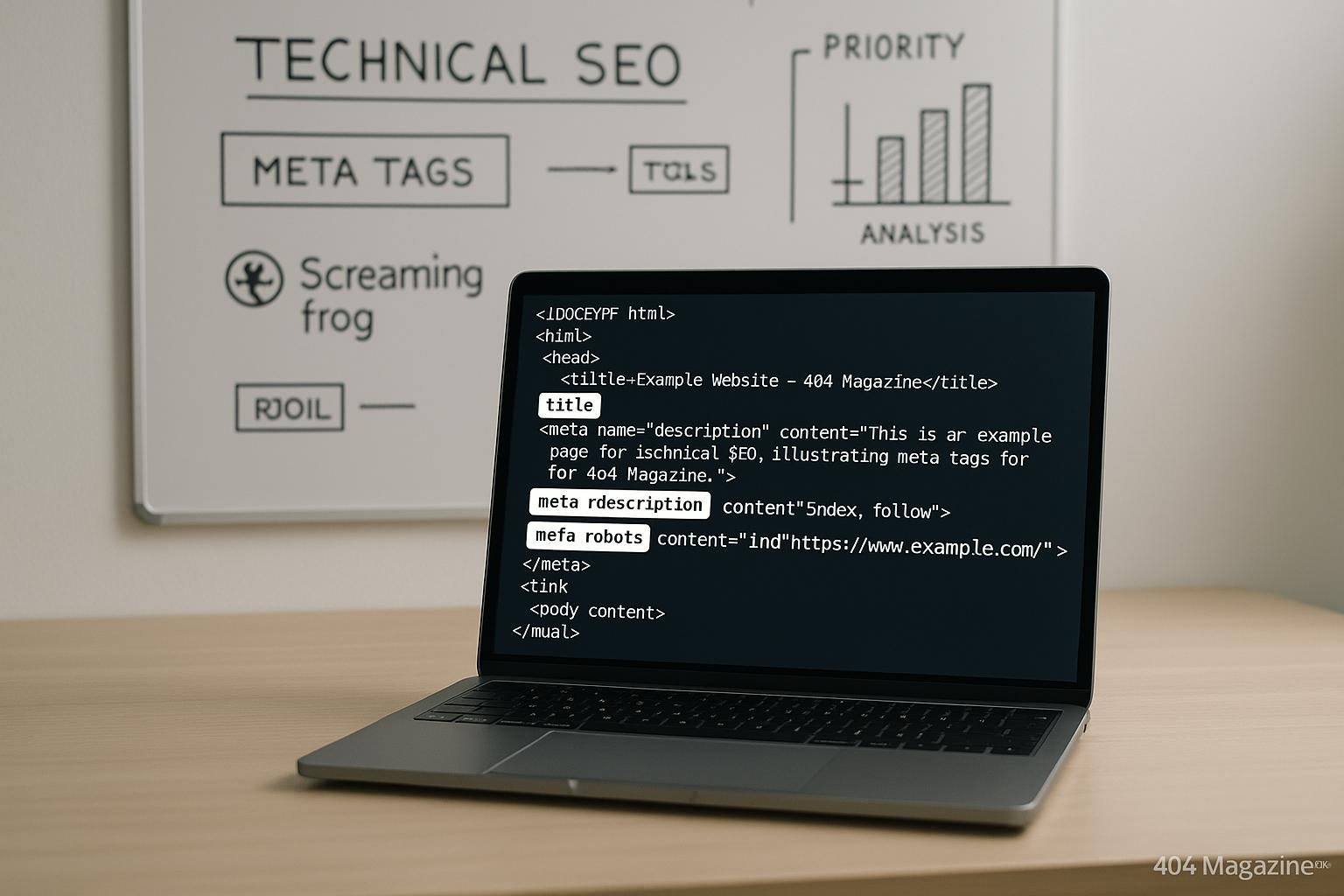 Laptop mit geöffneter Webseite und hervorgehobenen Meta-Tags, im Hintergrund Notizen, Diagramme und SEO-Tools auf einem Whiteboard, in einem sauberen Büro eingerichtet.