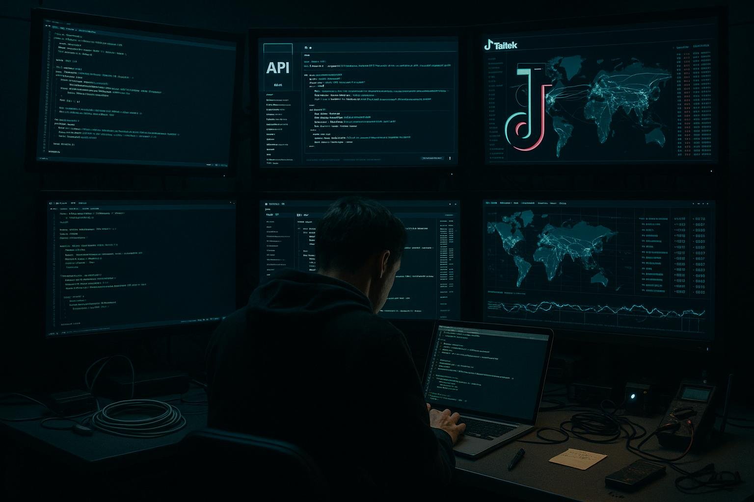 Technisches Kontrollzentrum mit Entwicklern vor Monitoren, die Code, API-Daten und Netzwerktraffic in Echtzeit analysieren, bei dunkler Beleuchtung, vermittelt eine geheime, high-tech Atmosphäre.