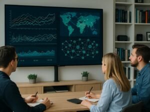 Modernes Büro mit großem Bildschirm, auf dem komplexe Diagramme und Datenströme visualisiert werden, mit Marketer im Vordergrund, Regale mit technischen Büchern im Hintergrund.