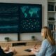 Modernes Büro mit großem Bildschirm, auf dem komplexe Diagramme und Datenströme visualisiert werden, mit Marketer im Vordergrund, Regale mit technischen Büchern im Hintergrund.