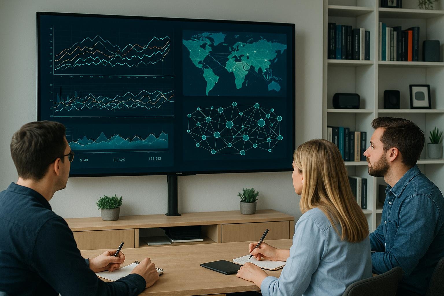 Modernes Büro mit großem Bildschirm, auf dem komplexe Diagramme und Datenströme visualisiert werden, mit Marketer im Vordergrund, Regale mit technischen Büchern im Hintergrund.