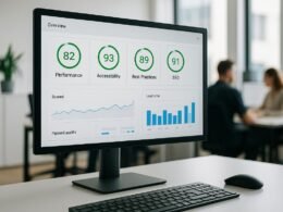 Modernes Büro mit großem Bildschirm, der eine Dashboard-Oberfläche mit verschiedenen Performance-, Accessibility-, Best Practices- und SEO-Kennzahlen zeigt. Im Vordergrund Tastatur und Maus auf einem sauberen Schreibtisch. Im Hintergrund verschwommene Kollegen bei der Arbeit. Credit: 404 Magazine (Tobias Hager).