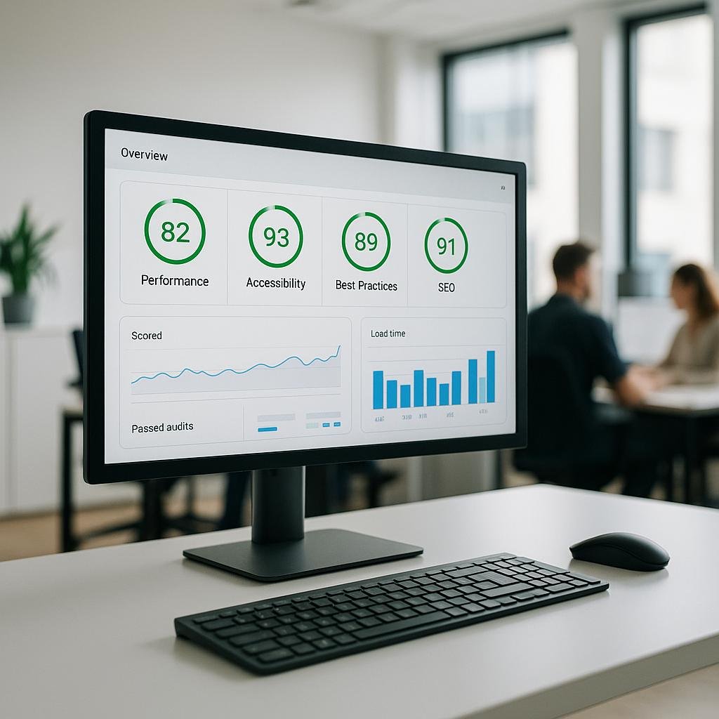 Modernes Büro mit großem Bildschirm, der eine Dashboard-Oberfläche mit verschiedenen Performance-, Accessibility-, Best Practices- und SEO-Kennzahlen zeigt. Im Vordergrund Tastatur und Maus auf einem sauberen Schreibtisch. Im Hintergrund verschwommene Kollegen bei der Arbeit. Credit: 404 Magazine (Tobias Hager).