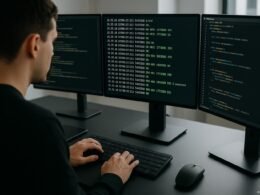 Nahaufnahme eines Entwicklers, der an einem modernen Schreibtisch mit mehreren Monitoren arbeitet, auf denen Code und API-Antworten angezeigt werden.