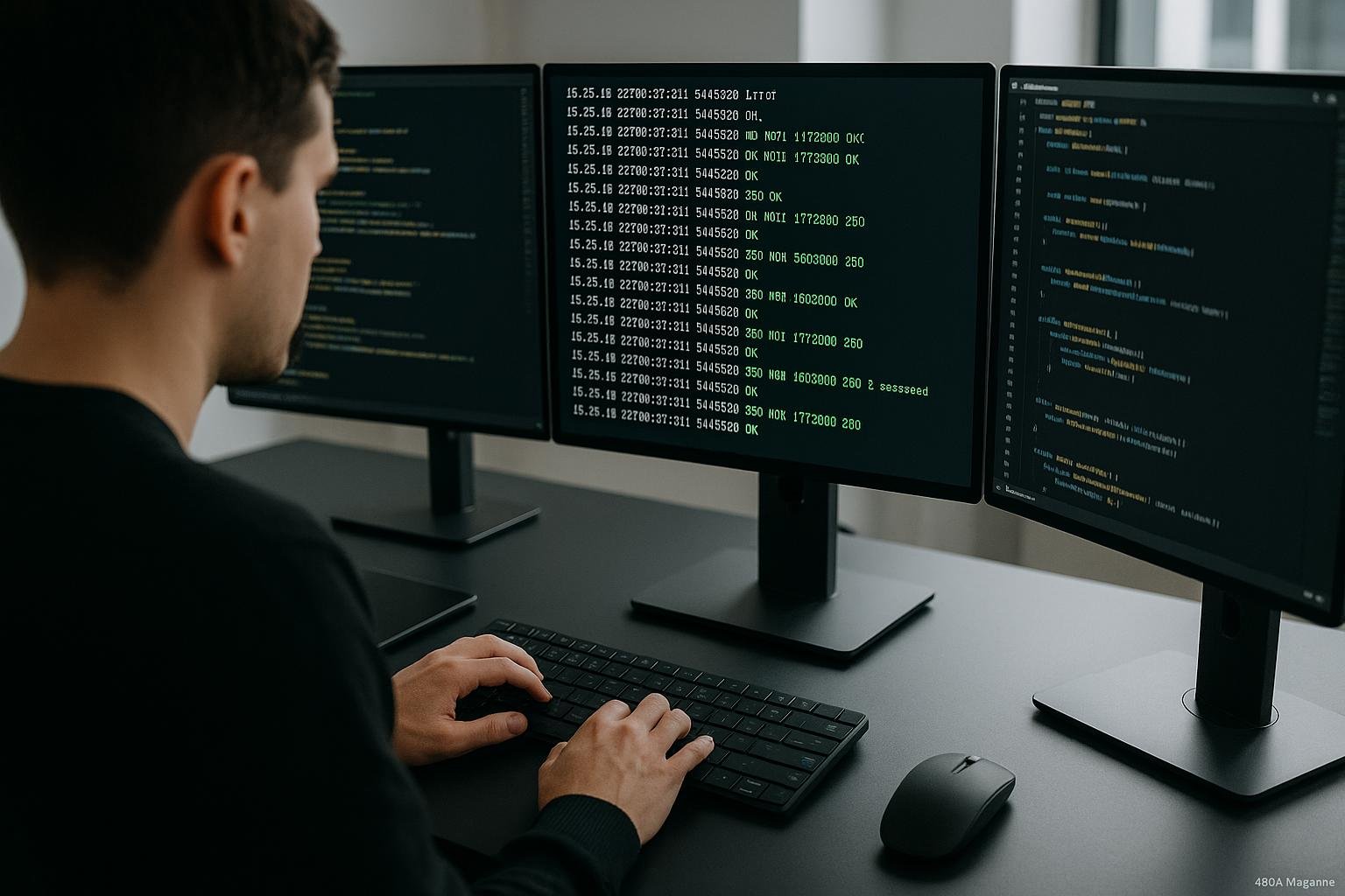 Nahaufnahme eines Entwicklers, der an einem modernen Schreibtisch mit mehreren Monitoren arbeitet, auf denen Code und API-Antworten angezeigt werden.