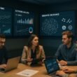 Modernes Digital-Marketing-Büro mit Monitoring-Displays, Fachleuten bei Datenanalyse und Schematische Darstellung eines semantischen Vektorraums