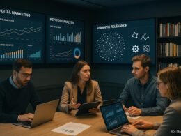 Modernes Digital-Marketing-Büro mit Monitoring-Displays, Fachleuten bei Datenanalyse und Schematische Darstellung eines semantischen Vektorraums