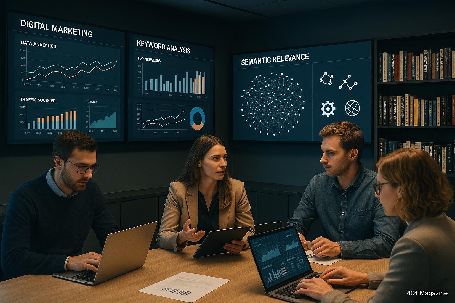 Modernes Digital-Marketing-Büro mit Monitoring-Displays, Fachleuten bei Datenanalyse und Schematische Darstellung eines semantischen Vektorraums