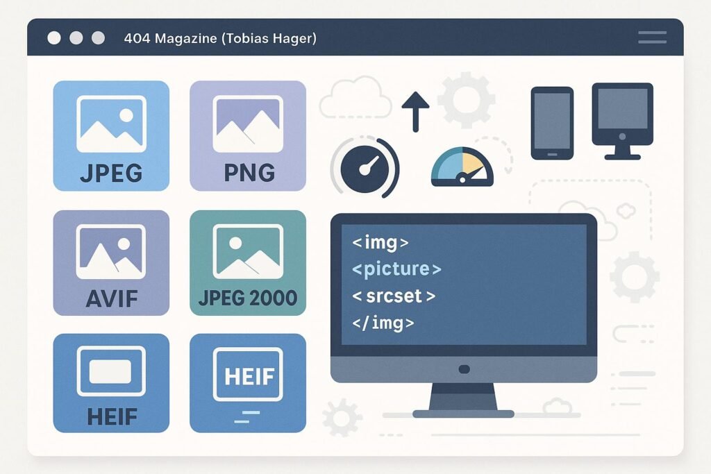 Modernes Webseitendesign mit Icons und Diagrammen zu verschiedenen Bildformaten, Responsive-Implementierung und Optimierungselementen, um die Effizienz bei der Bildnutzung für SEO zu verbessern.
