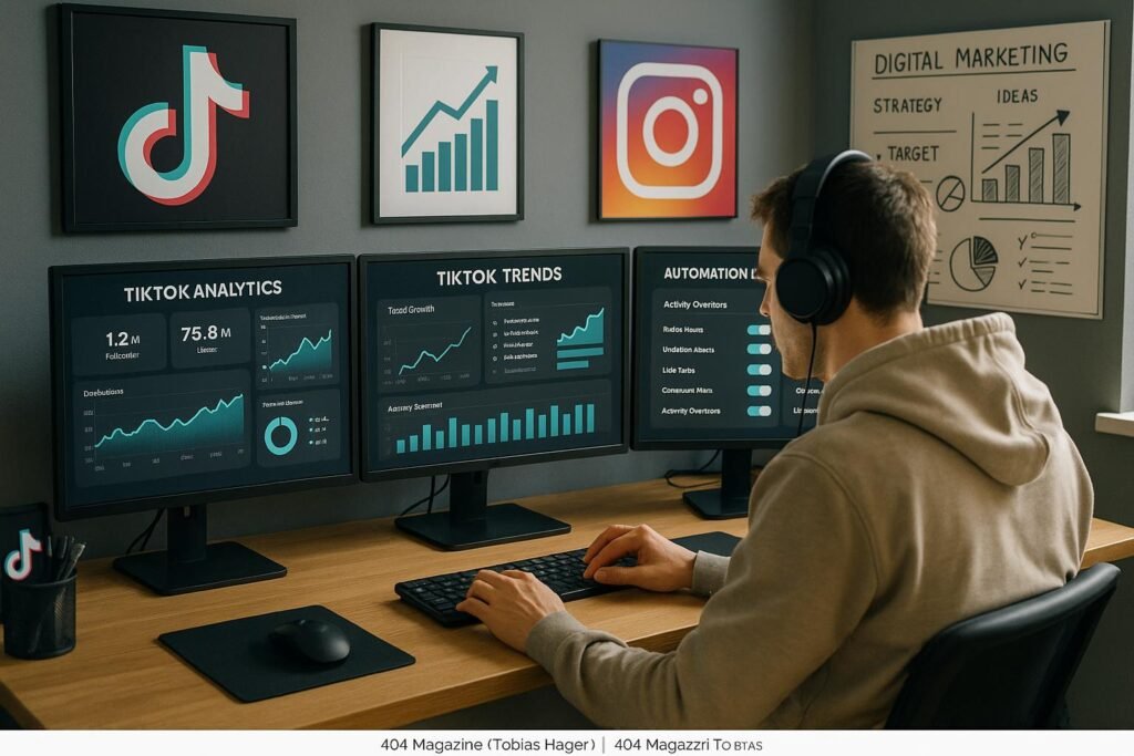 Moderner Büroarbeitsplatz für digitales Marketing mit Bildschirmen, Trenddaten, Social Media Icons und einem konzentrierten Mitarbeiter in Hoodie mit Kopfhörern.