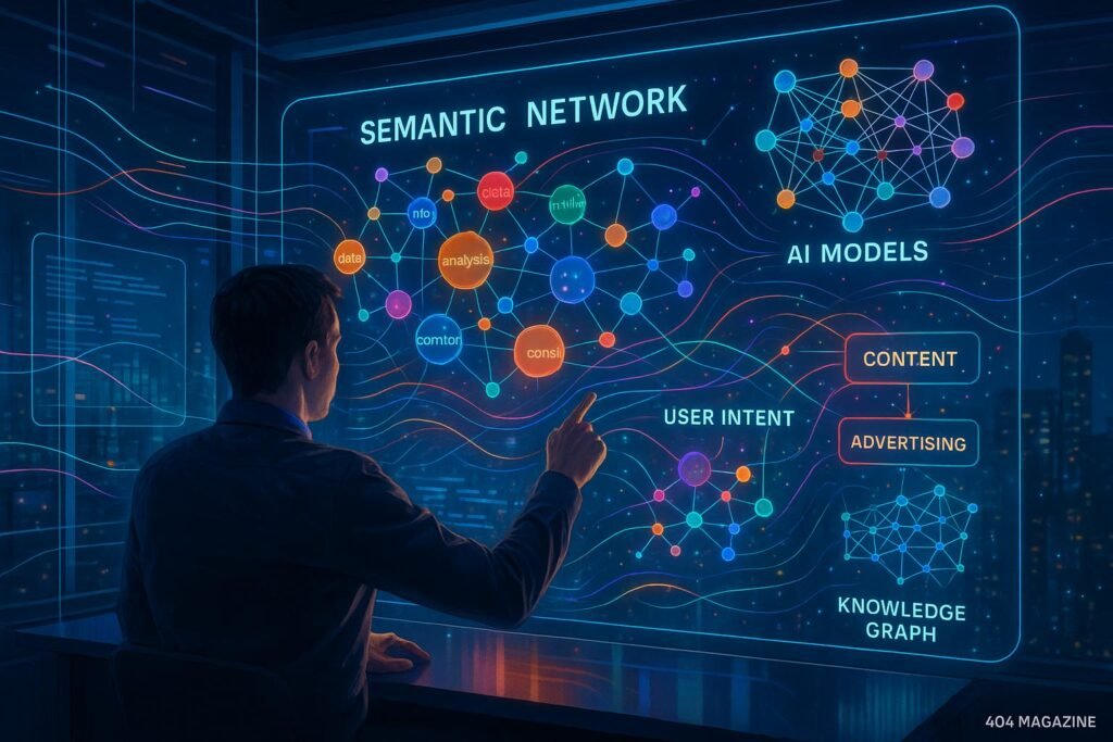 Futuristisches Büro mit holographischem Display, das komplexe KI-Modelle und Netzwerke visualisiert, mit einem Datenanalysten im Vordergrund und einer Stadt bei Nacht im Hintergrund.