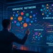 Futuristisches Büro mit holographischem Display, das komplexe KI-Modelle und Netzwerke visualisiert, mit einem Datenanalysten im Vordergrund und einer Stadt bei Nacht im Hintergrund.