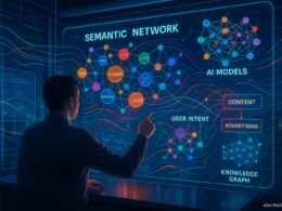 Futuristisches Büro mit holographischem Display, das komplexe KI-Modelle und Netzwerke visualisiert, mit einem Datenanalysten im Vordergrund und einer Stadt bei Nacht im Hintergrund.