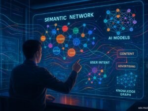 Futuristisches Büro mit holographischem Display, das komplexe KI-Modelle und Netzwerke visualisiert, mit einem Datenanalysten im Vordergrund und einer Stadt bei Nacht im Hintergrund.