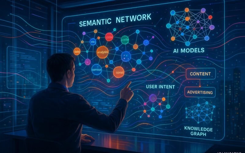 Futuristisches Büro mit holographischem Display, das komplexe KI-Modelle und Netzwerke visualisiert, mit einem Datenanalysten im Vordergrund und einer Stadt bei Nacht im Hintergrund.