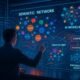 Futuristisches Büro mit holographischem Display, das komplexe KI-Modelle und Netzwerke visualisiert, mit einem Datenanalysten im Vordergrund und einer Stadt bei Nacht im Hintergrund.