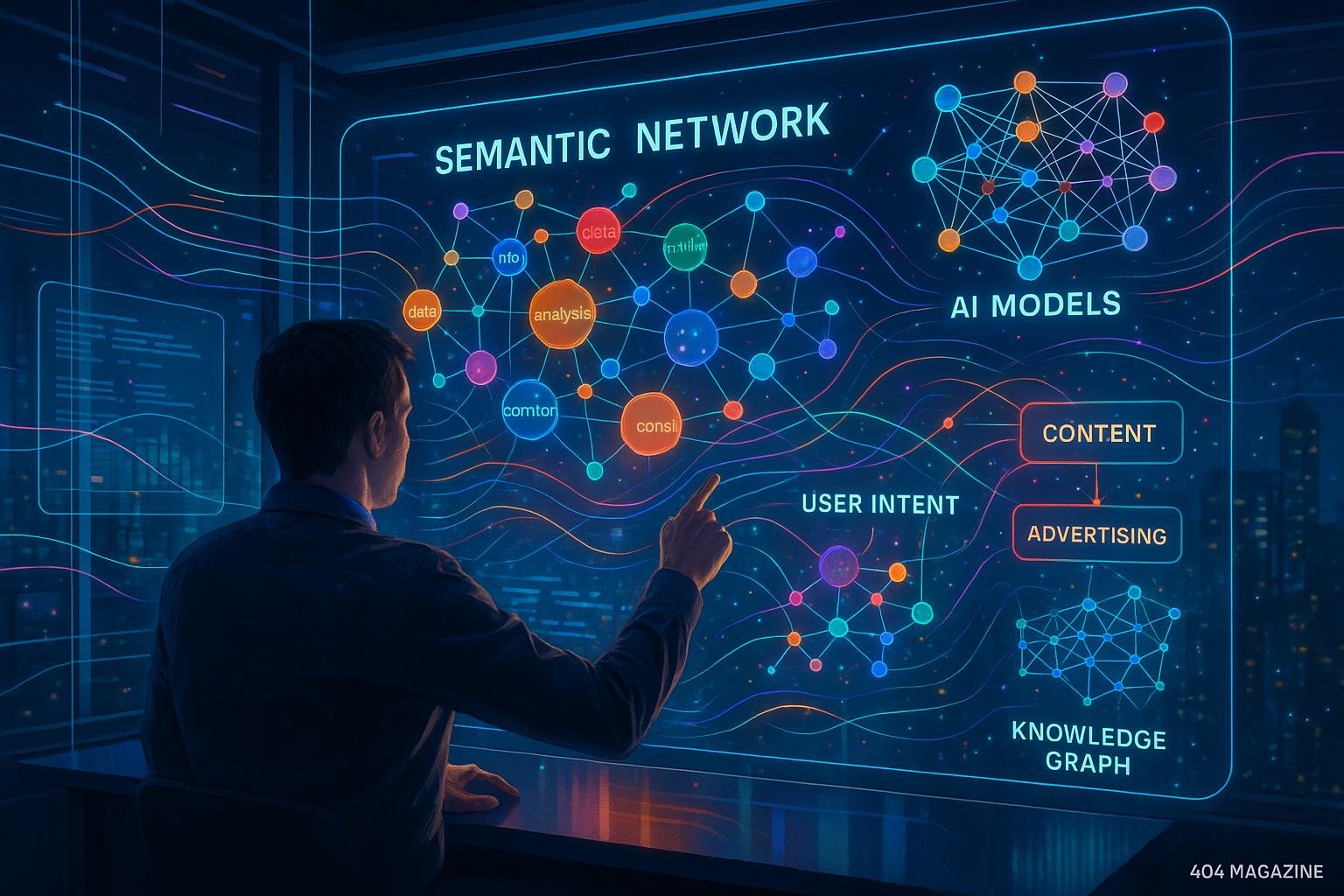 Futuristisches Büro mit holographischem Display, das komplexe KI-Modelle und Netzwerke visualisiert, mit einem Datenanalysten im Vordergrund und einer Stadt bei Nacht im Hintergrund.