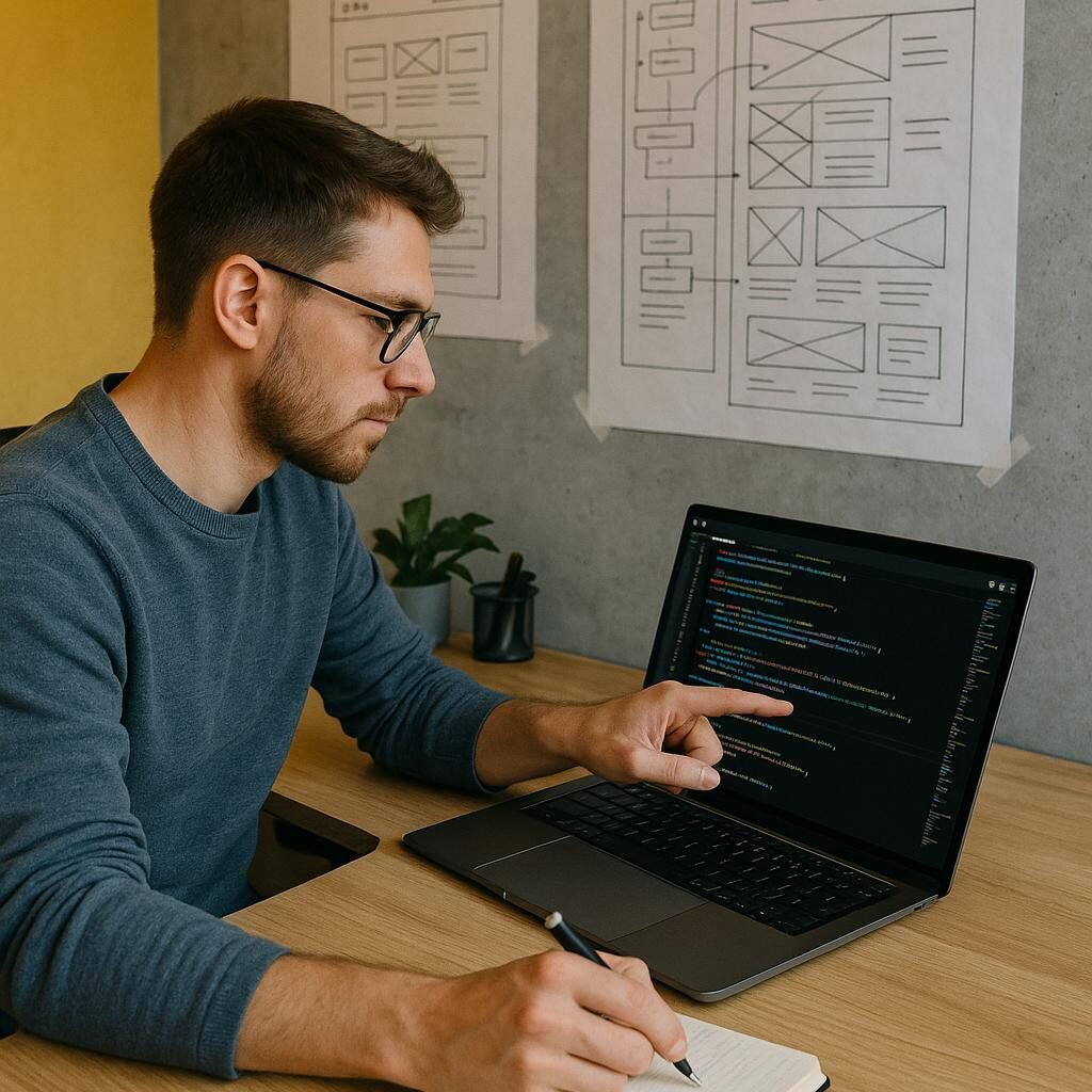 Entwickler arbeitet an einem modernen Arbeitsplatz mit Laptop, technischen Zeichnungen an der Wand und Notizen, Kleidung in lässigem Stil.