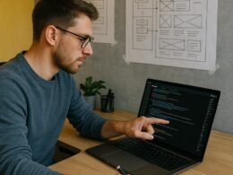 Entwickler arbeitet an einem modernen Arbeitsplatz mit Laptop, technischen Zeichnungen an der Wand und Notizen, Kleidung in lässigem Stil.