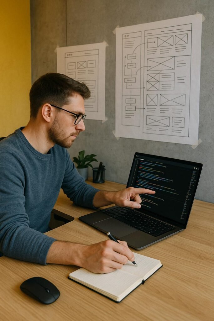 Entwickler arbeitet an einem modernen Arbeitsplatz mit Laptop, technischen Zeichnungen an der Wand und Notizen, Kleidung in lässigem Stil.