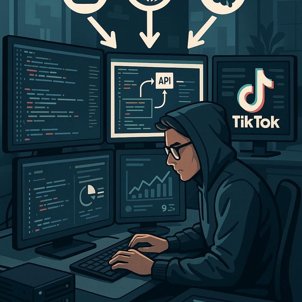 Eine hochmoderne Arbeitsstation mit mehreren Bildschirmen, die Programmiercode und API-Diagramme anzeigen, mit einer Person, die im Hoodie arbeitet, um Automatisierungstools zu steuern.