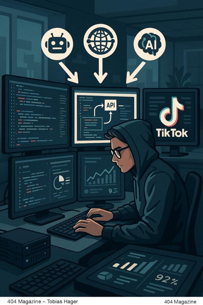 Eine hochmoderne Arbeitsstation mit mehreren Bildschirmen, die Programmiercode und API-Diagramme anzeigen, mit einer Person, die im Hoodie arbeitet, um Automatisierungstools zu steuern.