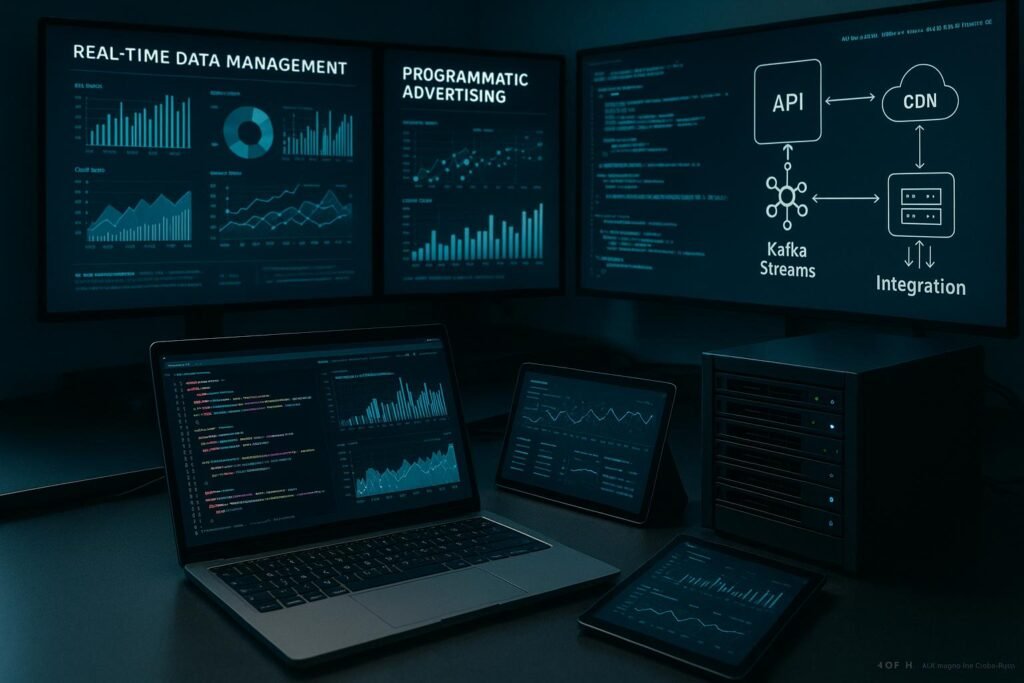 Moderner Arbeitsraum mit großen Bildschirmen, Laptops, Tablets, Server, Datenvisualisierungen, Code und schematischen Darstellungen von APIs und Kafka-Streams, Credits: 404 Magazine (Tobias Hager).