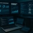 Moderner Arbeitsraum mit großen Bildschirmen, Laptops, Tablets, Server, Datenvisualisierungen, Code und schematischen Darstellungen von APIs und Kafka-Streams, Credits: 404 Magazine (Tobias Hager).