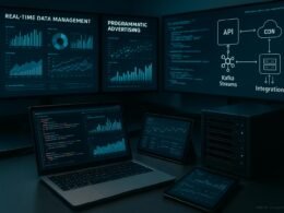 Moderner Arbeitsraum mit großen Bildschirmen, Laptops, Tablets, Server, Datenvisualisierungen, Code und schematischen Darstellungen von APIs und Kafka-Streams, Credits: 404 Magazine (Tobias Hager).